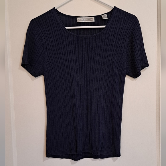 Amanda Smith Navy Blue Ribbed Short Sleeve 75% Silk Scoop Neck Blouse Size M - Picture 1 of 6